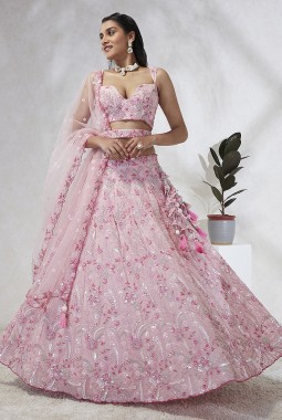 Pink Georgette Sequins Wedding Lehenga Choli
