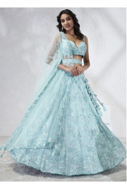 Turquoise Blue Georgette Sequins Wedding Lehenga Choli