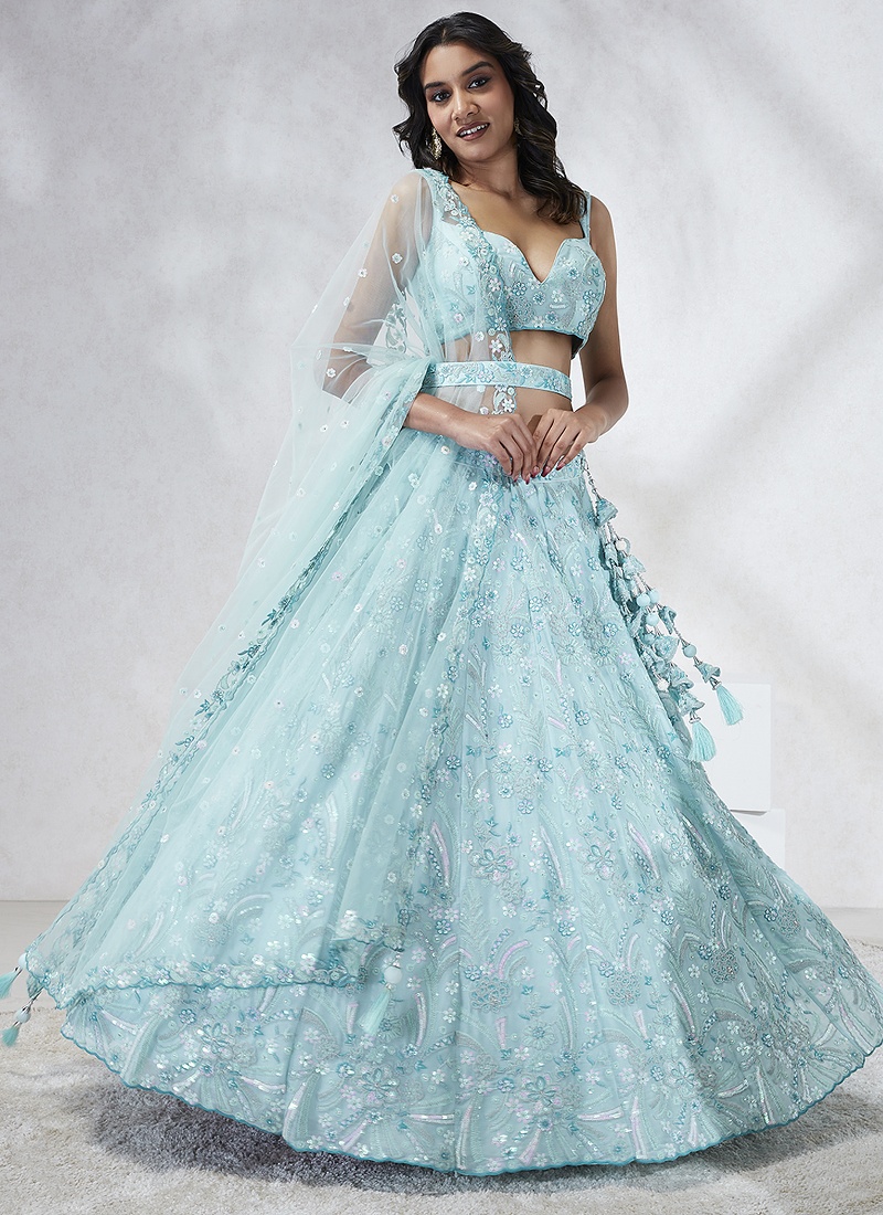 Turquoise Blue Georgette Sequins Wedding Lehenga Choli