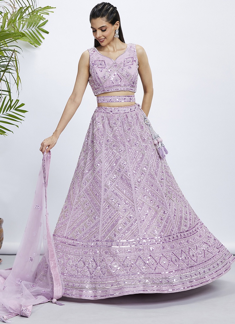 Lavender Net Sequins Wedding Lehenga Choli