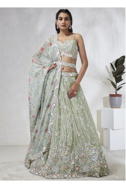 Lime Green Chiffon Sequins Wedding Lehenga Choli