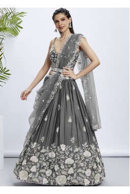 Grey Pure Georgette Sequins Wedding Lehenga Choli
