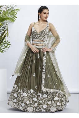 Olive Pure Georgette Sequins Wedding Lehenga Choli
