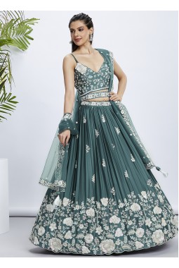 Turquoise Blue Pure Georgette Sequins Wedding Lehenga Choli