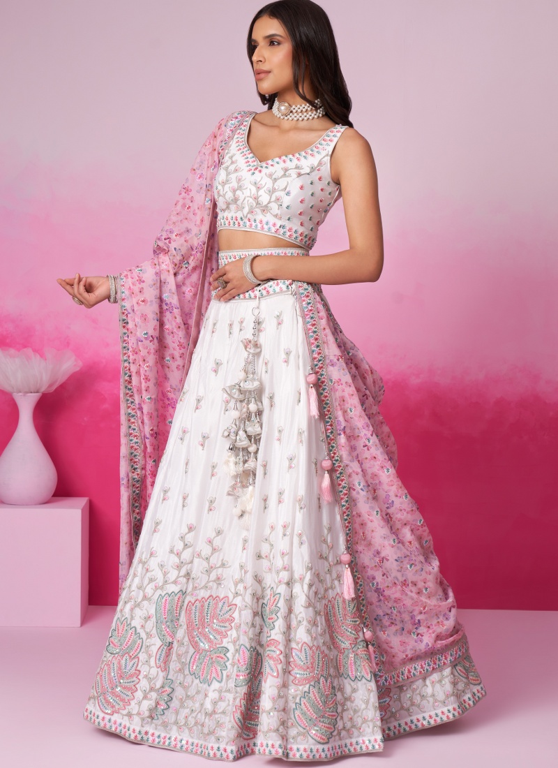 Cream Pure Chiffon Thread Embroidery Wedding Lehenga Choli