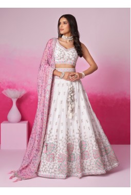 Cream Pure Chiffon Thread Embroidery Wedding Lehenga Choli