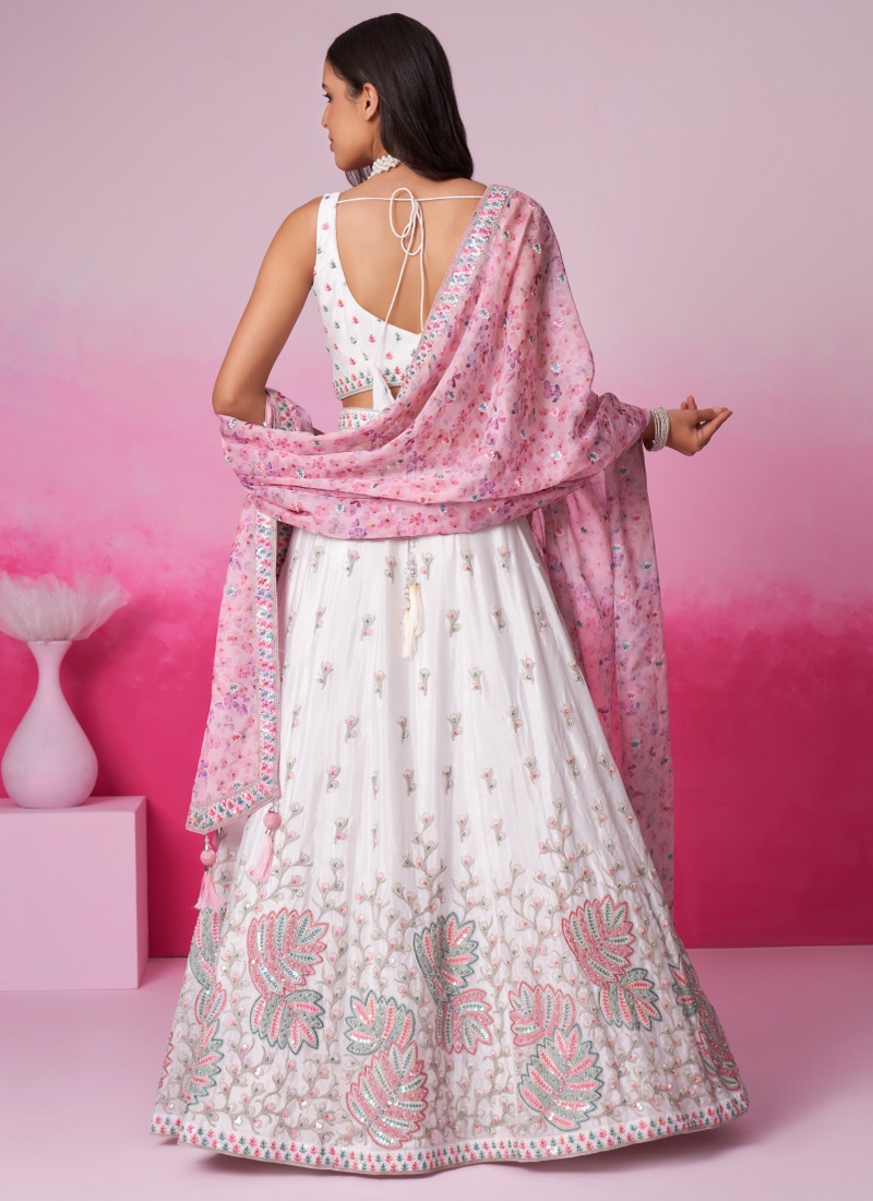 Cream Pure Chiffon Thread Embroidery Wedding Lehenga Choli