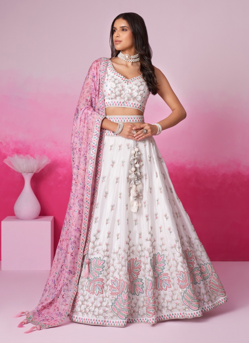 Cream Pure Chiffon Thread Embroidery Wedding Lehenga Choli