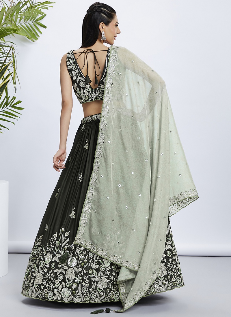 Olive Pure Georgette Sequins Wedding Lehenga Choli