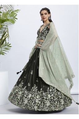 Olive Pure Georgette Sequins Wedding Lehenga Choli