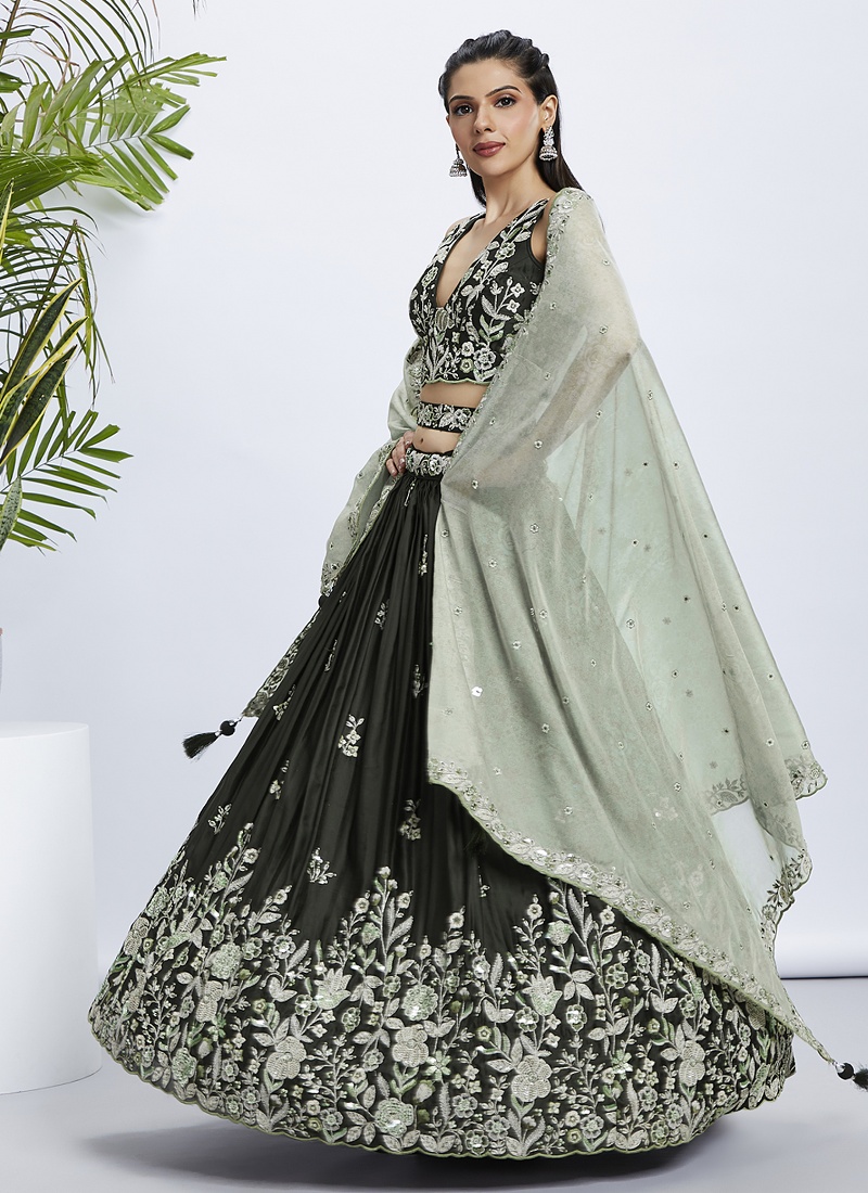 Olive Pure Georgette Sequins Wedding Lehenga Choli