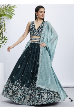 Teal Pure Georgette Sequins Wedding Lehenga Choli