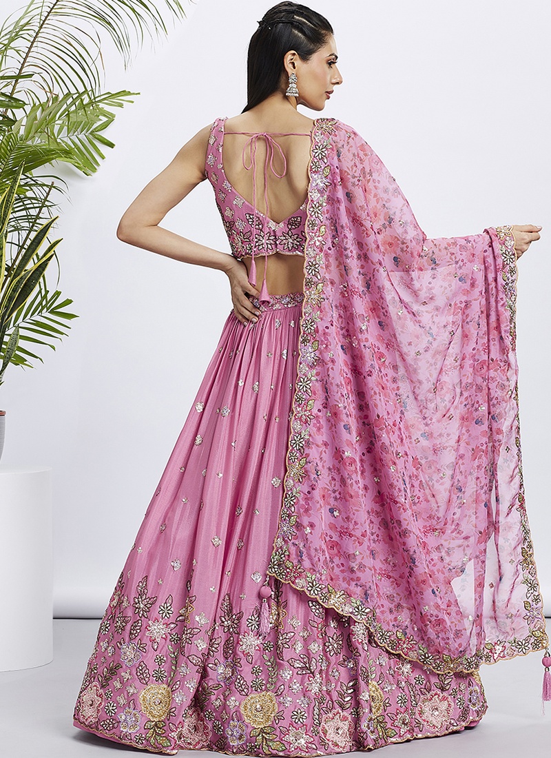 Pink Chiffon Sequins Wedding Lehenga Choli