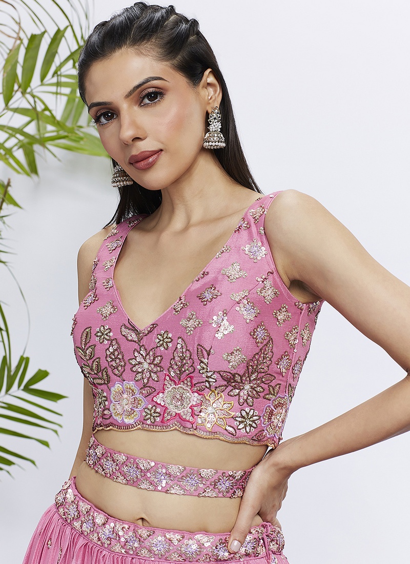 Pink Chiffon Sequins Wedding Lehenga Choli