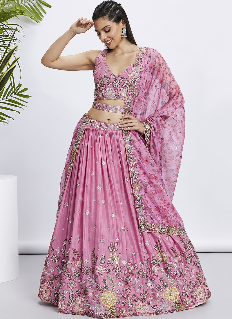 Pink Chiffon Sequins Wedding Lehenga Choli