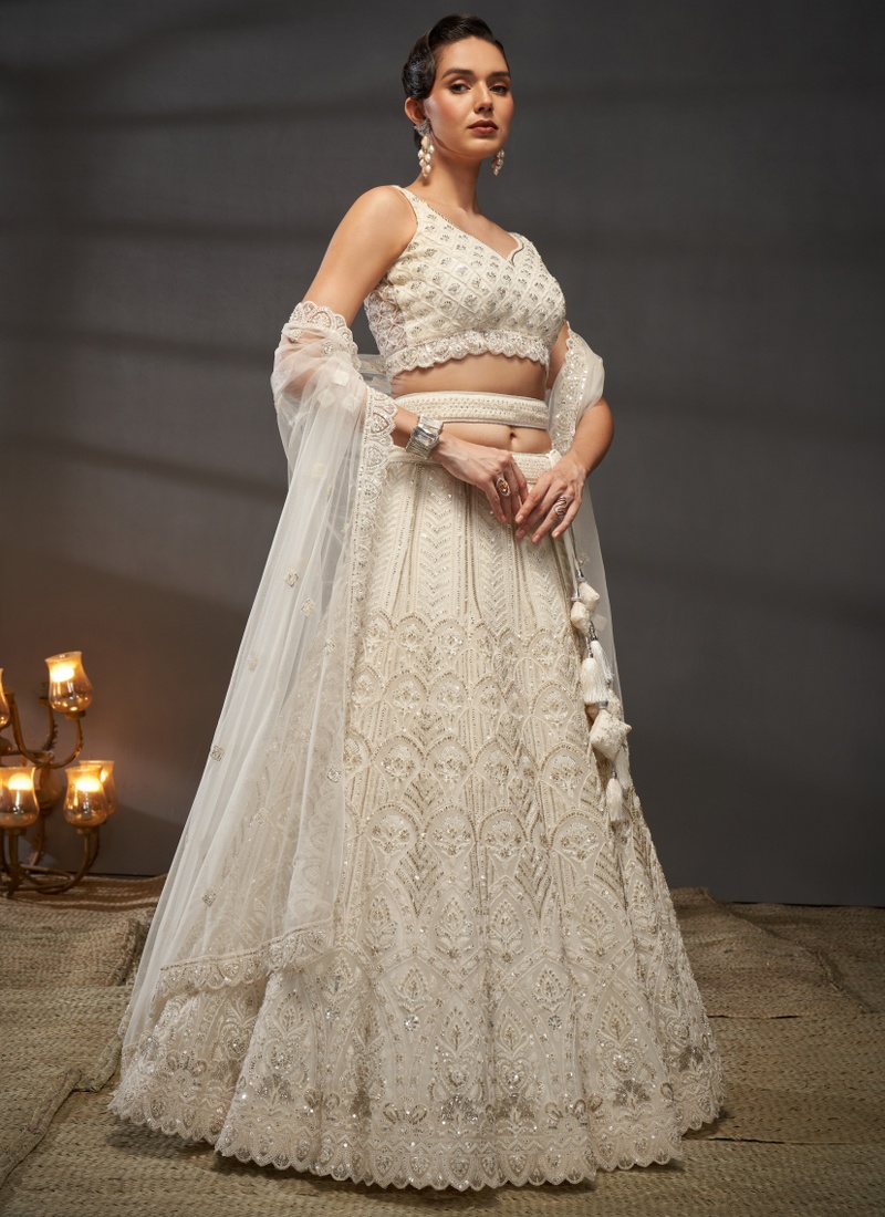 Cream Net Zarkan Embroidery Wedding Lehenga Choli