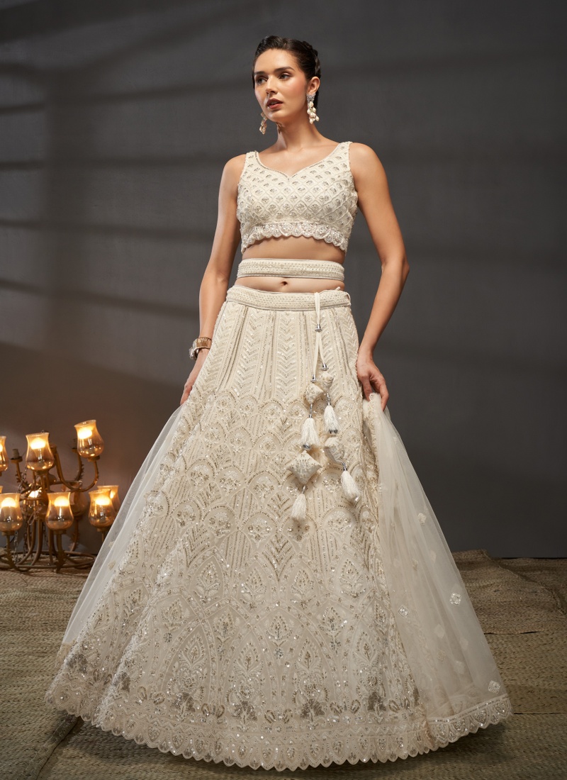 Cream Net Zarkan Embroidery Wedding Lehenga Choli