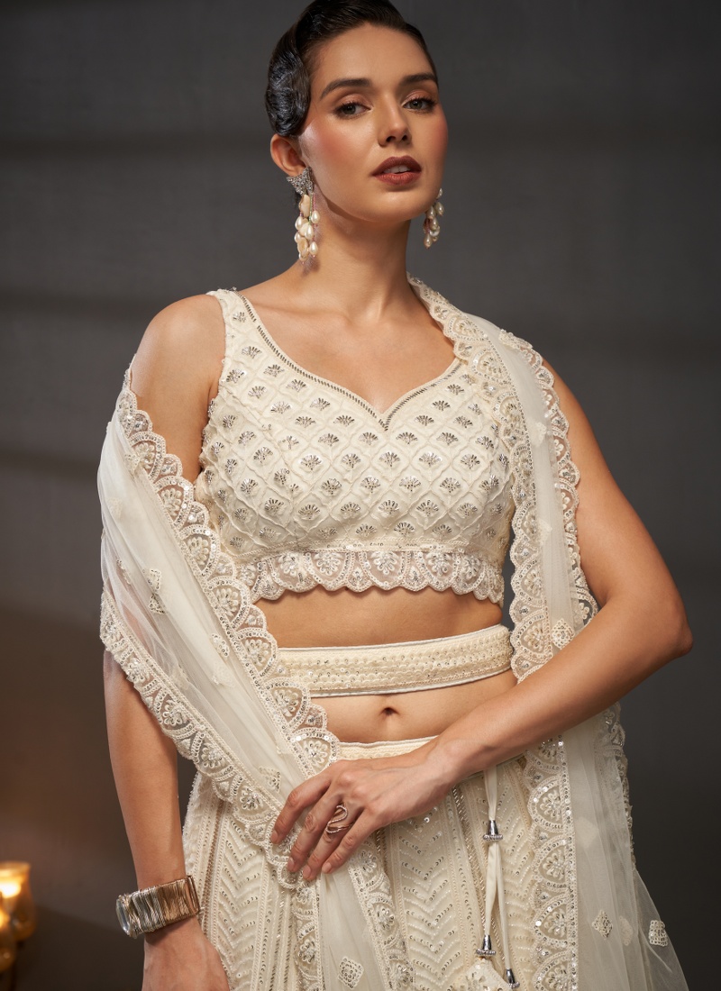 Cream Net Zarkan Embroidery Wedding Lehenga Choli