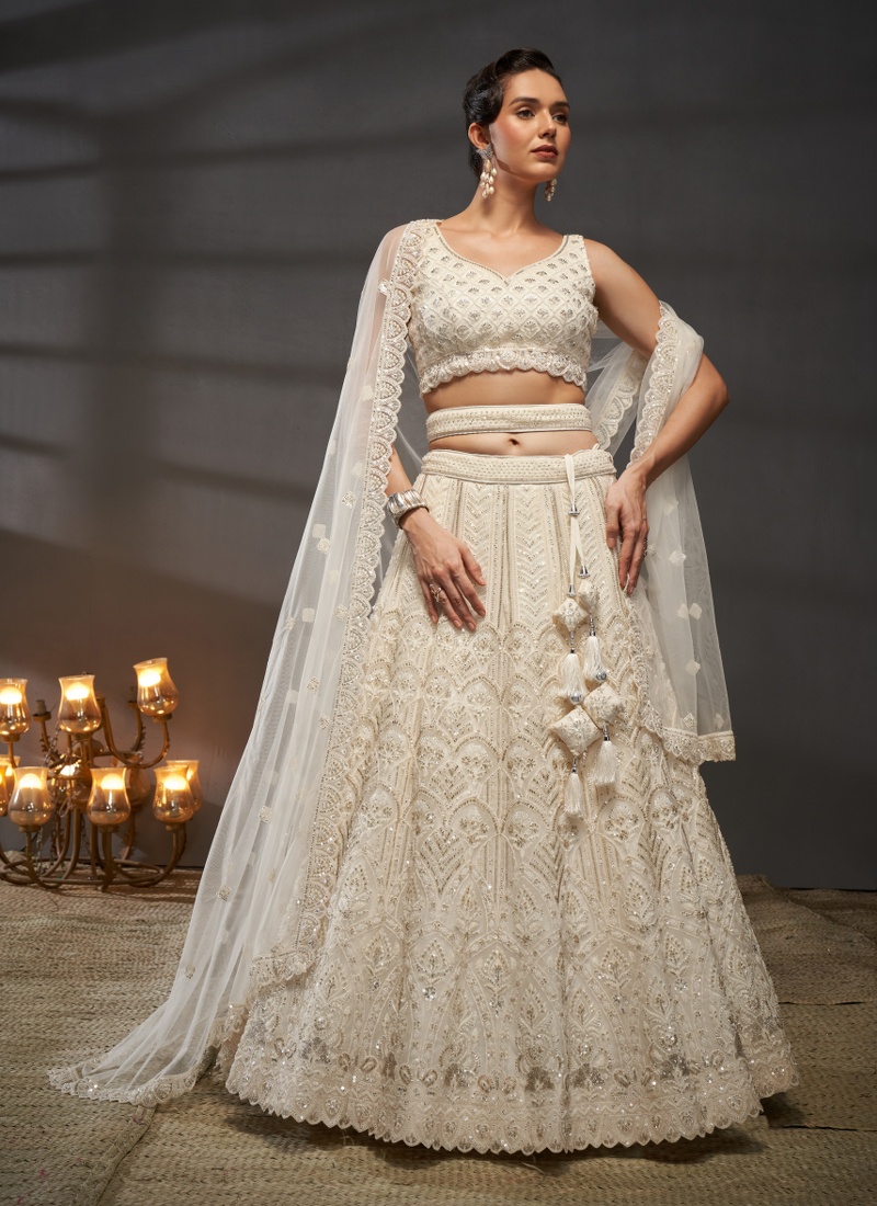 Cream Net Zarkan Embroidery Wedding Lehenga Choli