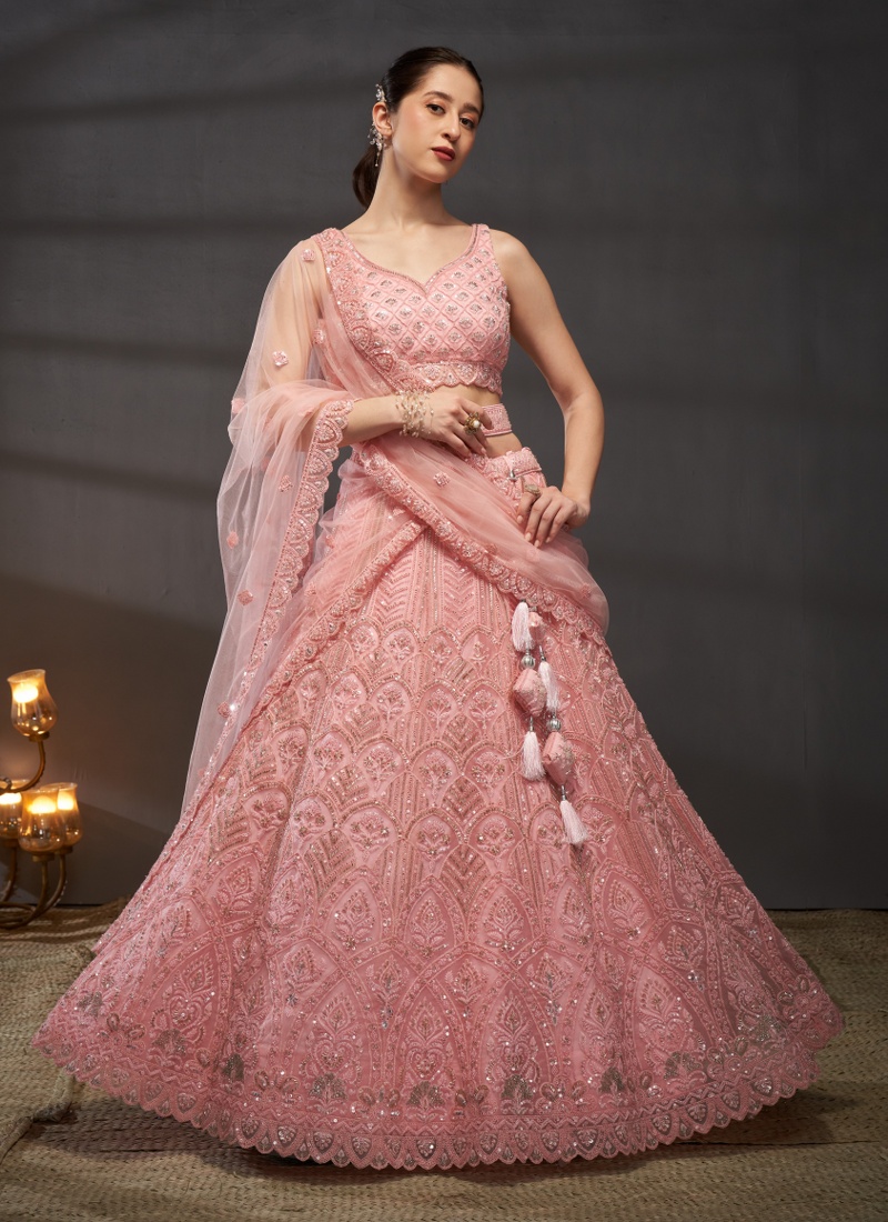 Pink Net Sequins Embroidery Wedding Lehenga Choli