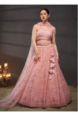 Pink Net Sequins Embroidery Wedding Lehenga Choli