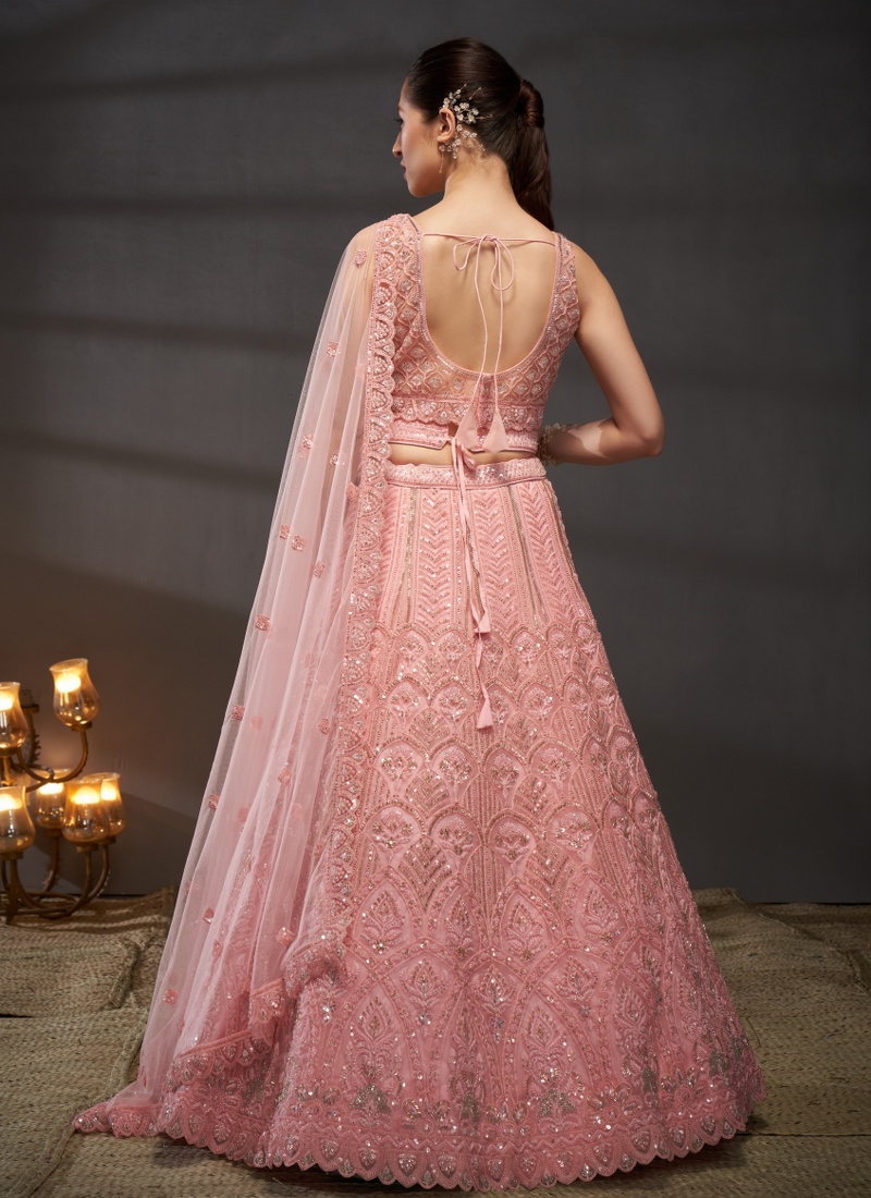 Pink Net Sequins Embroidery Wedding Lehenga Choli