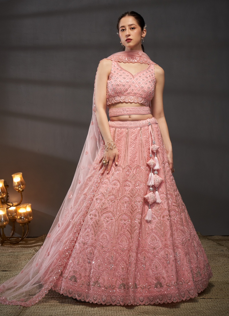 Pink Net Sequins Embroidery Wedding Lehenga Choli