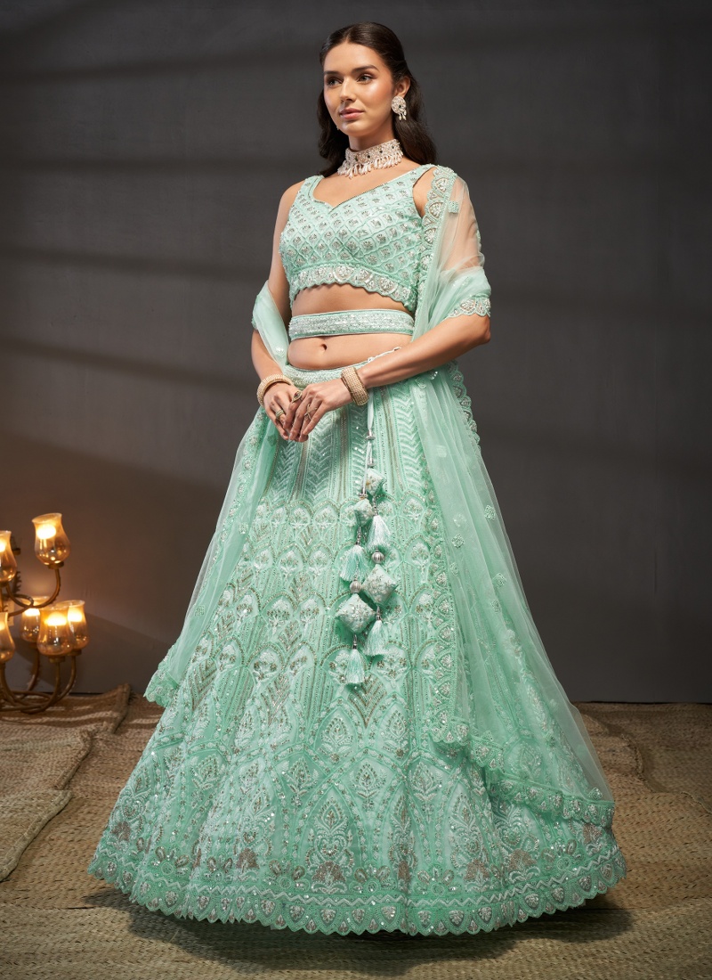 Turquoise Blue Net Cutdana Embroidery Wedding Lehenga Choli