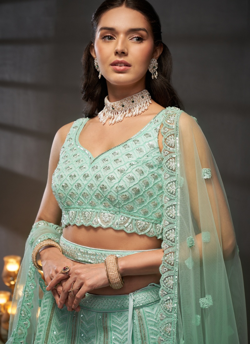 Turquoise Blue Net Cutdana Embroidery Wedding Lehenga Choli