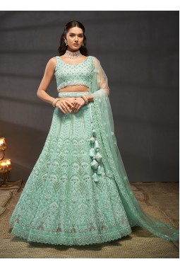 Turquoise Blue Net Cutdana Embroidery Wedding Lehenga Choli