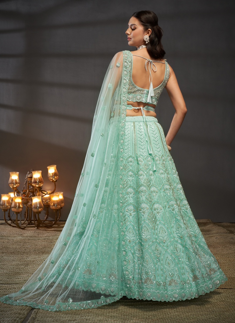 Turquoise Blue Net Cutdana Embroidery Wedding Lehenga Choli