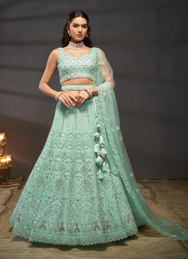 Turquoise Blue Net Cutdana Embroidery Wedding Lehenga Choli