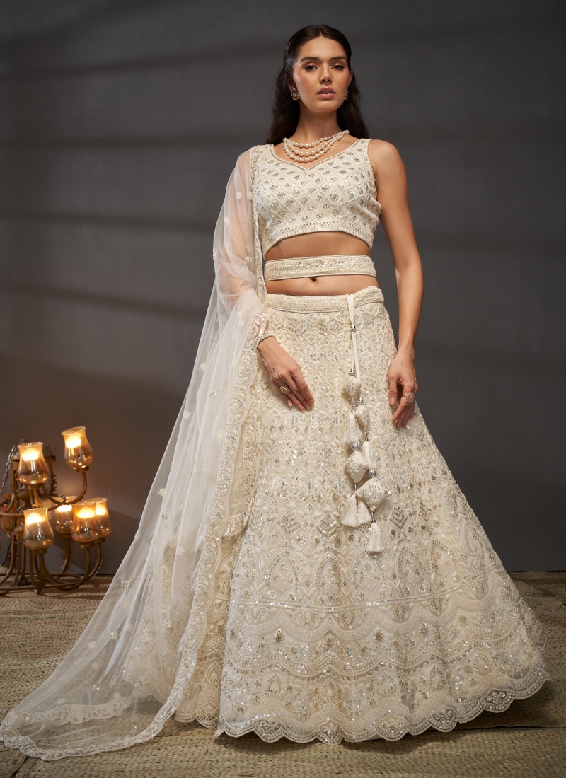 Cream Net Cutdana Embroidery Wedding Lehenga Choli 