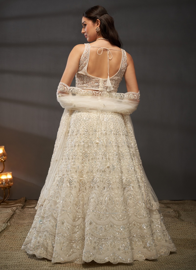 Cream Net Cutdana Embroidery Wedding Lehenga Choli 