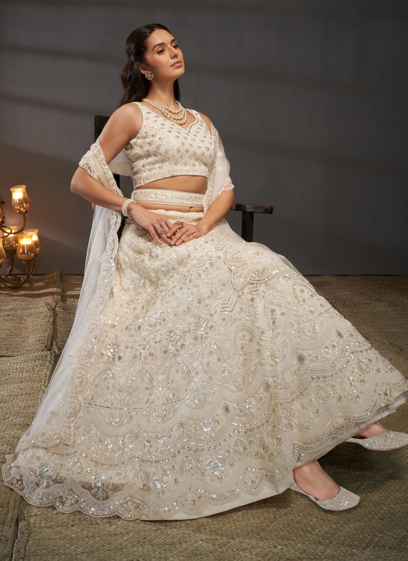 Cream Net Cutdana Embroidery Wedding Lehenga Choli 