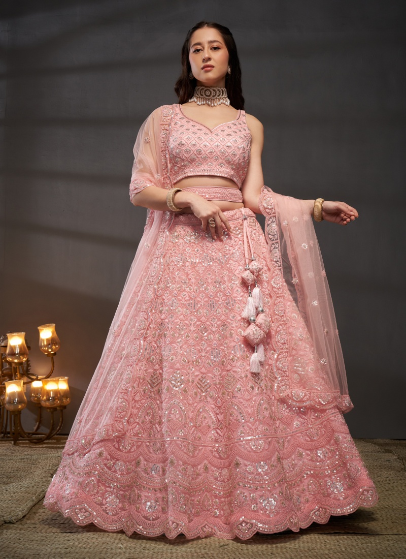 Pink Net Zarkan Embroidery Wedding Lehenga Choli