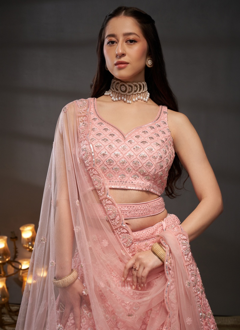 Pink Net Zarkan Embroidery Wedding Lehenga Choli