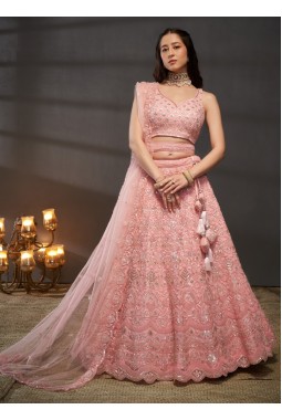 Pink Net Zarkan Embroidery Wedding Lehenga Choli