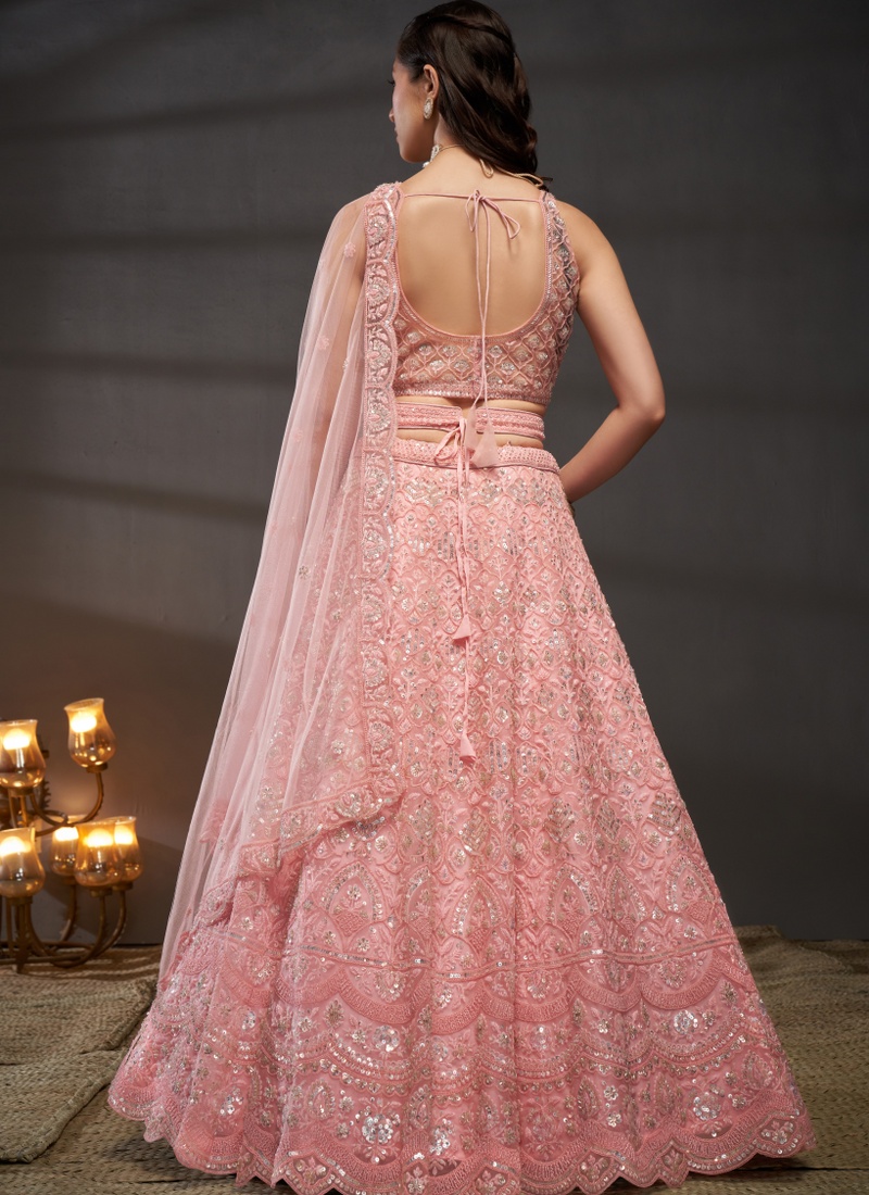 Pink Net Zarkan Embroidery Wedding Lehenga Choli