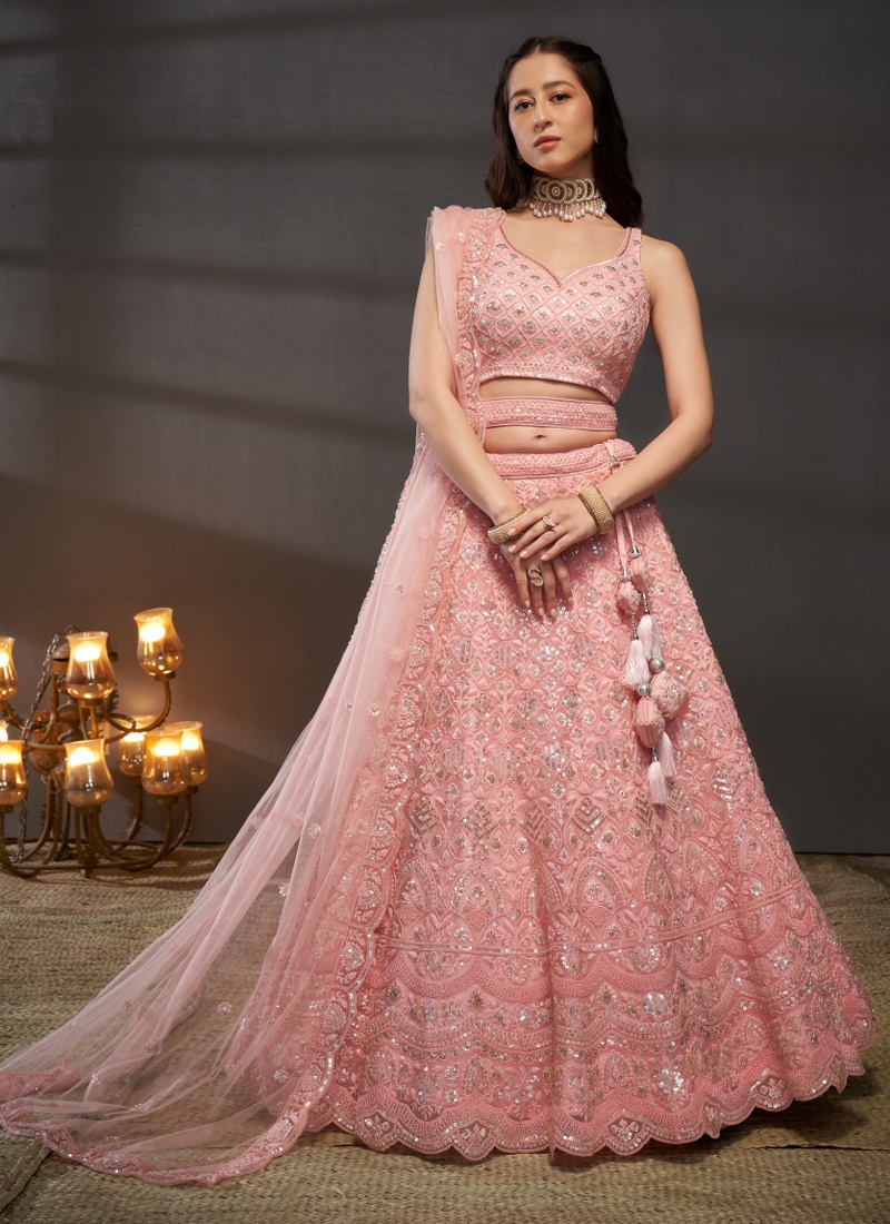 Pink Net Zarkan Embroidery Wedding Lehenga Choli