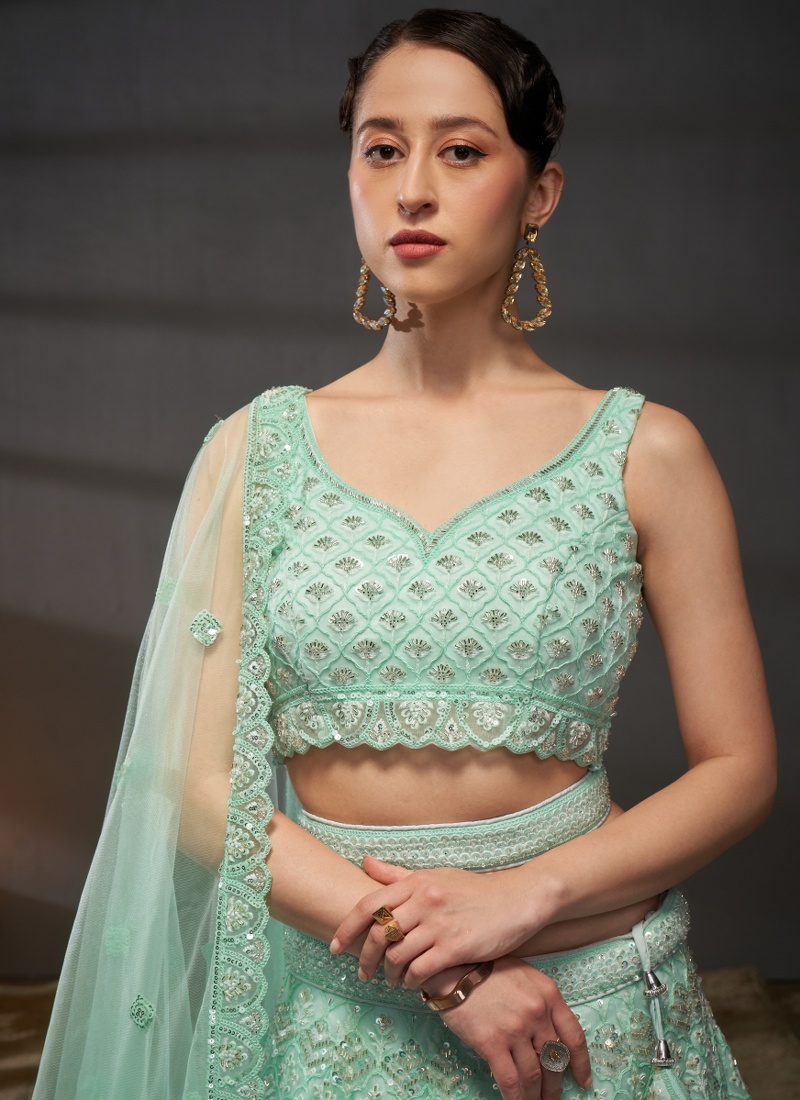 Turquoise Blue Net Sequins Embroidery Wedding Lehenga Choli