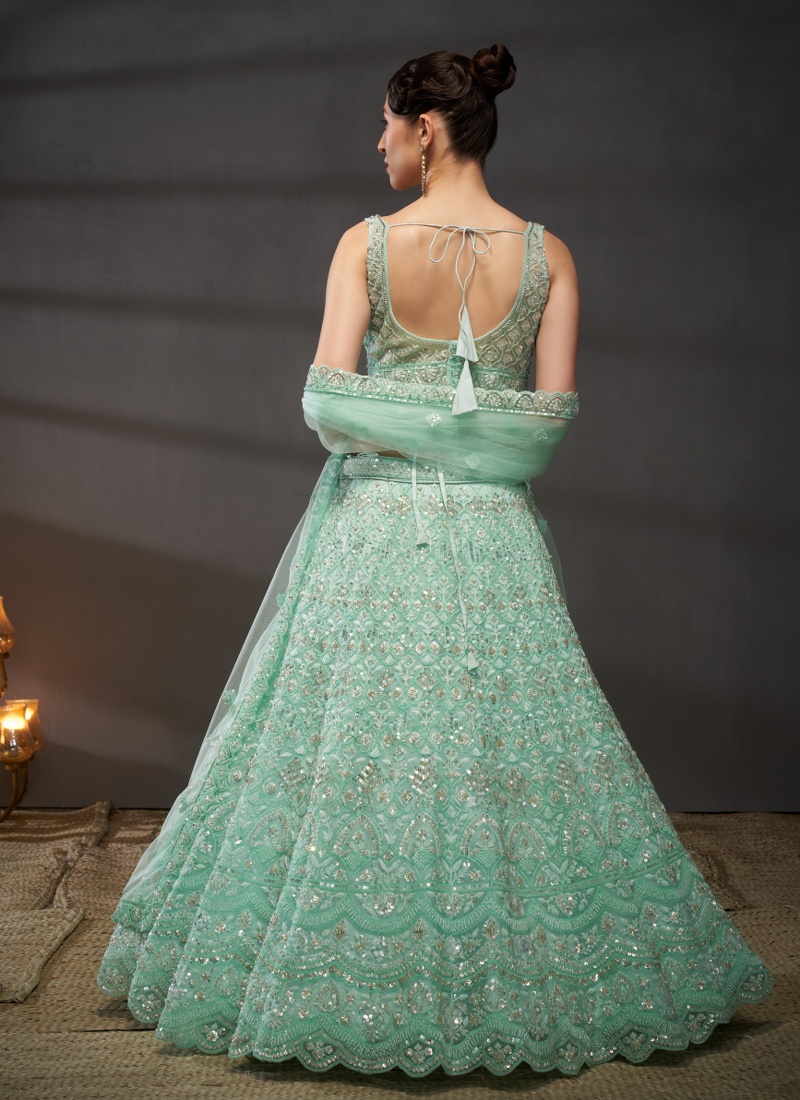 Turquoise Blue Net Sequins Embroidery Wedding Lehenga Choli