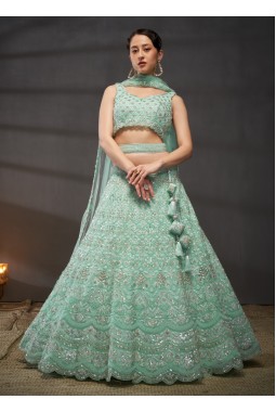 Turquoise Blue Net Sequins Embroidery Wedding Lehenga Choli