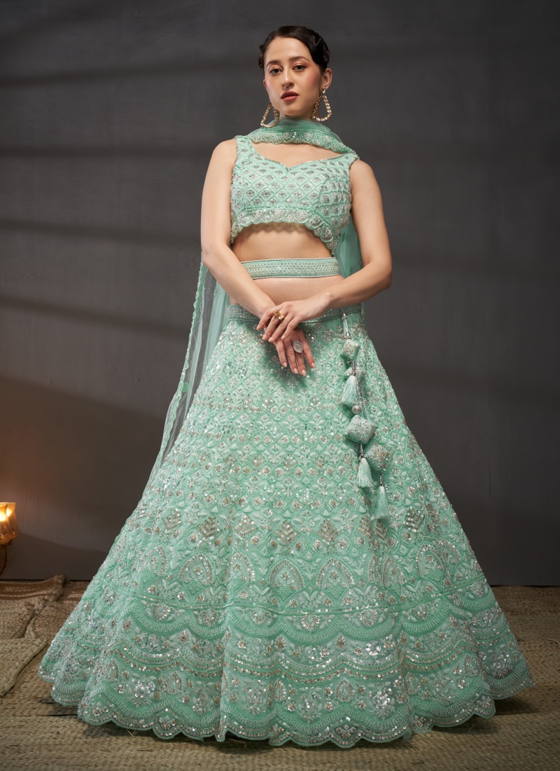 Turquoise Blue Net Sequins Embroidery Wedding Lehenga Choli