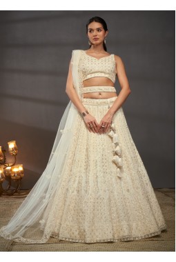 Cream Net Sequins Wedding Lehenga Choli