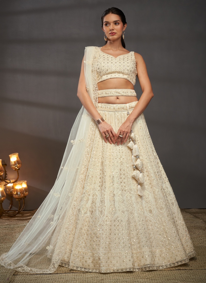 Cream Net Sequins Wedding Lehenga Choli