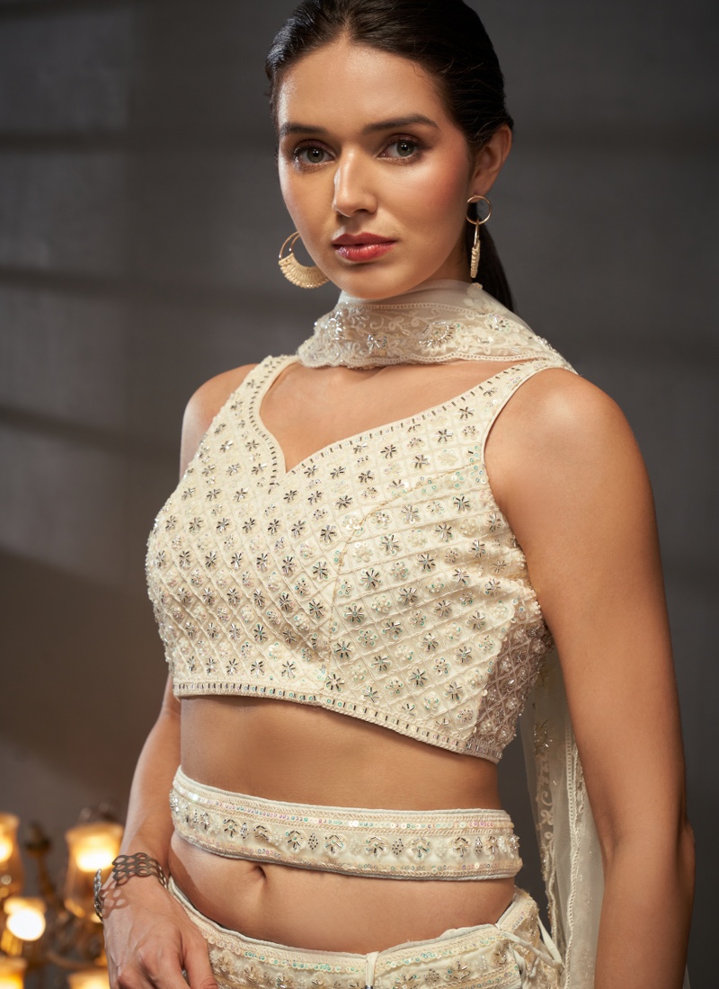 Cream Net Sequins Wedding Lehenga Choli