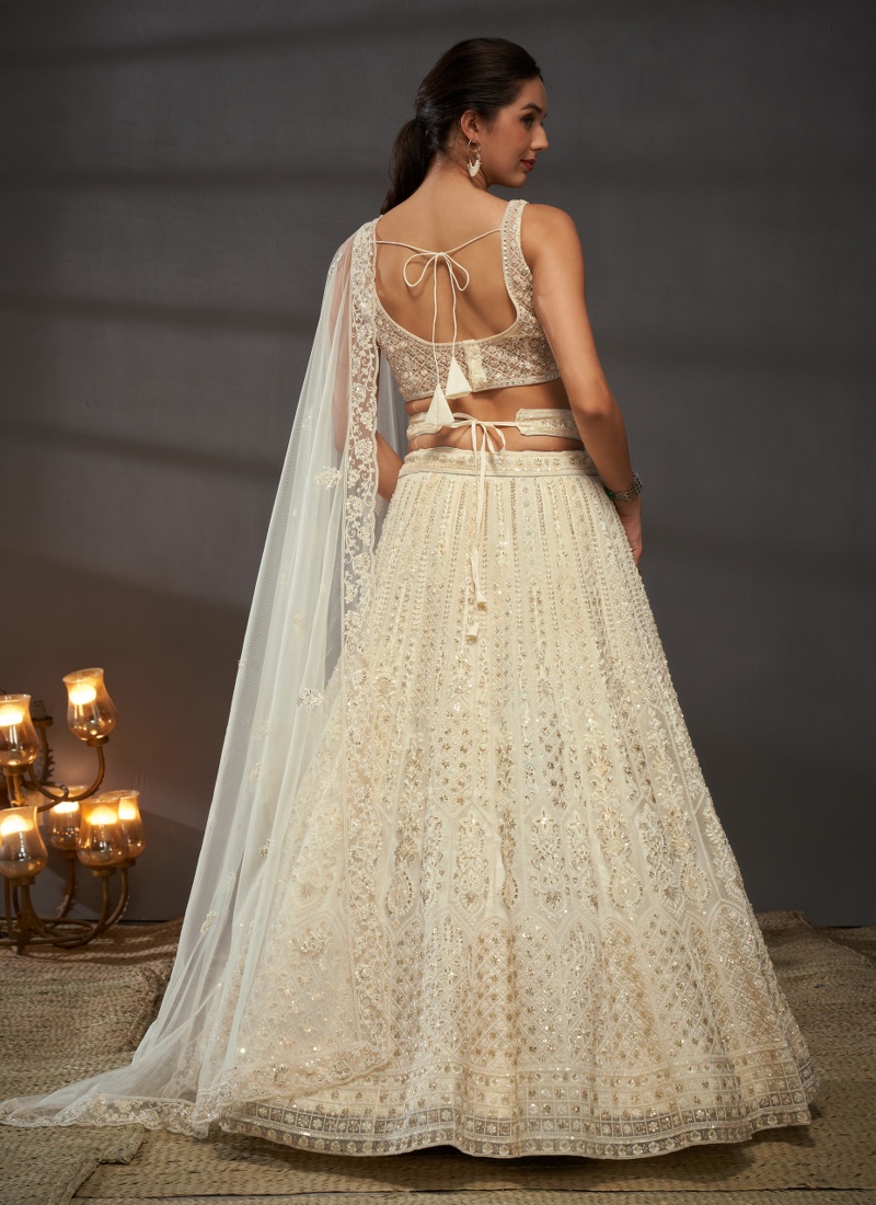 Cream Net Sequins Wedding Lehenga Choli