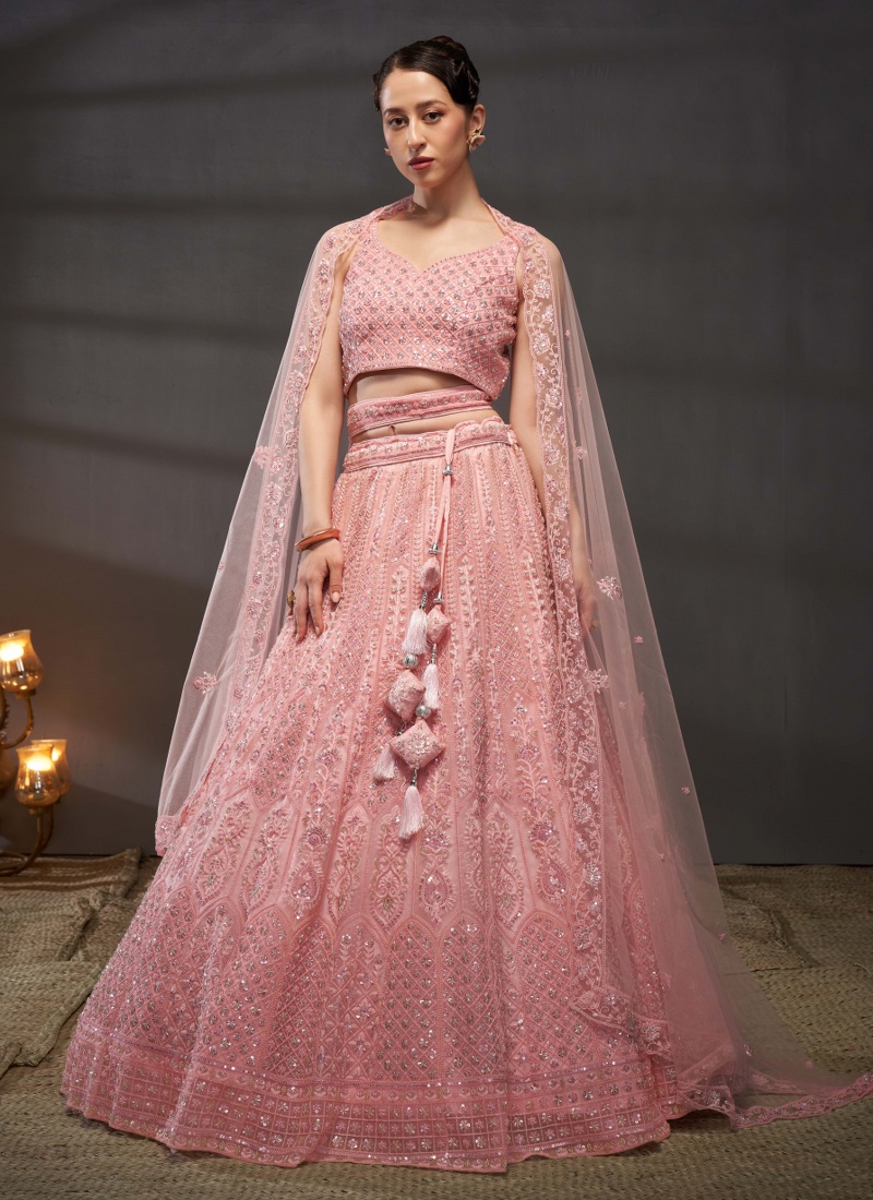 Pink Net Sequins Embroidery Wedding Lehenga Choli