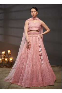 Pink Net Sequins Embroidery Wedding Lehenga Choli